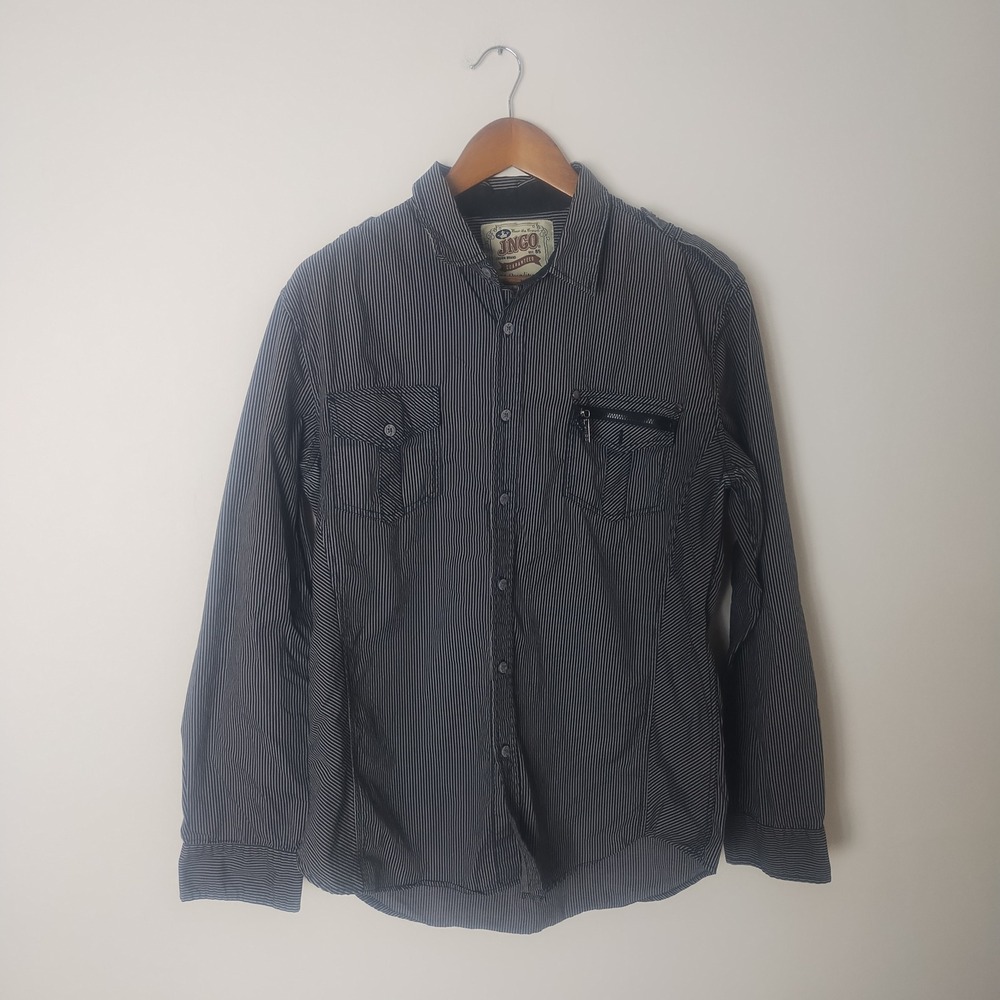 JNCO Pinstripe Button Up Shirt Men's Large Black Gray Cotton Streetwear